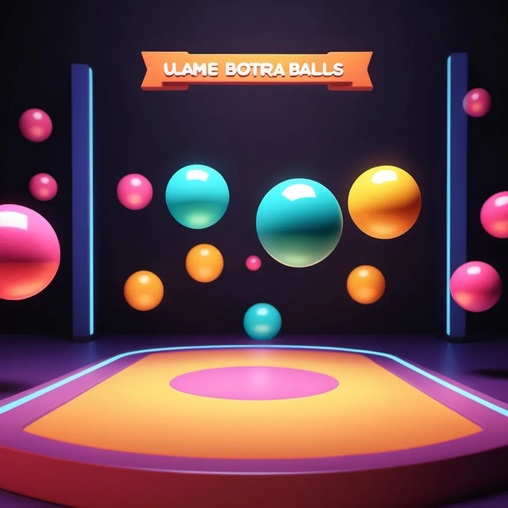 Prompt: start scene  for a mini game that shows simple balls dancing, 
include start botton and welcoming character. 
show game logo that is ultra bright .
