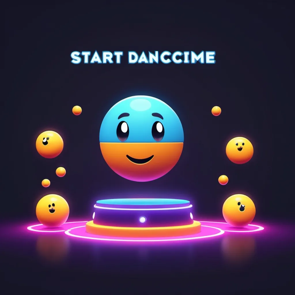 Prompt: start scene  for a mini game that shows simple balls dancing, 
include start botton and welcoming character. 
show game logo that is ultra bright .
