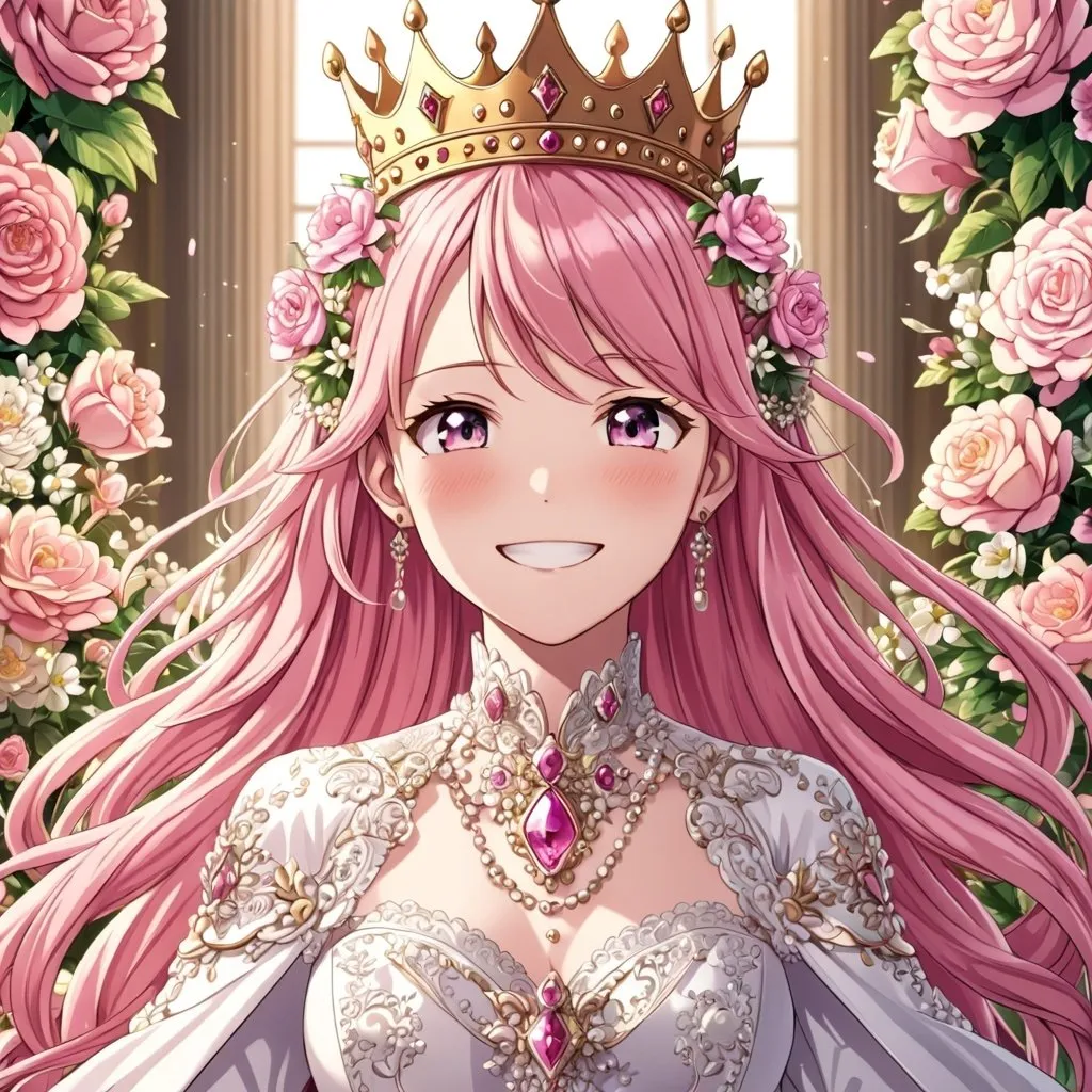 Prompt: anime, girl with the crown in the head, detailed, pink hair, tie hair on both sides, happy , royal dress, flowers around, very detailed