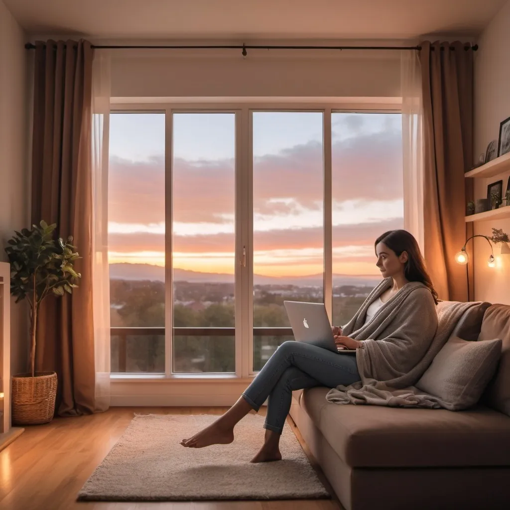 Prompt: A cozy living room with a person sitting on a couch, laptop open and shopping online, with a view of a beautiful sunset through the window. Include elements of comfort, such as a cup of coffee and a soft blanket, to emphasize convenience and relaxation.