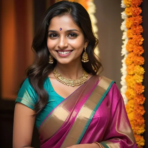 Prompt: (30-year-old Indian woman), elegant (silk saree) in vibrant colors, flowing gracefully, detailed patterns glimmering under soft lighting, (long, lustrous hair) cascading gently down her shoulders, beautiful smile radiating warmth and confidence, rich, textured background invoking traditional aesthetics, (high-quality, ultra-detailed), enchanting atmosphere capturing the essence of elegance and beauty.