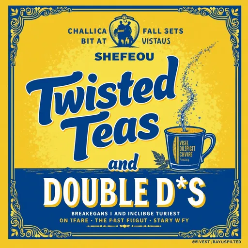 Prompt: Design a vibrant, yellow and blue label  for Twisted Teas and Double Ds, make it 8 inches by 8.5 inches with square corners in English only put "Twisted Teas and Double Ds " put a bar code on it a fictitious manufacture label