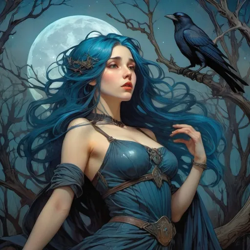 Prompt: front view showing her chest, A young woman, her face is very concerned, she moves with purpose, she has excessively long bright gleaming metallic blue hair, wearing a futuristic and medieval fantasy outfit, rugged style clothing, in a dead spooky orchard, crows threaten from the trees, on a moody moon lit night, dark fog clings to the ground, bright stars in the background