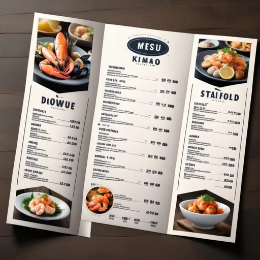 Prompt: For a restaurant that serves mostly seafood, need to create a menu template with images