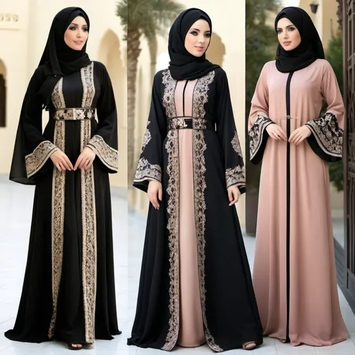 Prompt: abaya more fancy and looks expensive give me 2 to 3 different designs in different colours