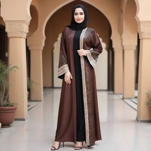 Prompt: feet length open abaya in silk material with little very less zardosi handwork on sleeves and make it in brwn colour each with different patterns and designs
