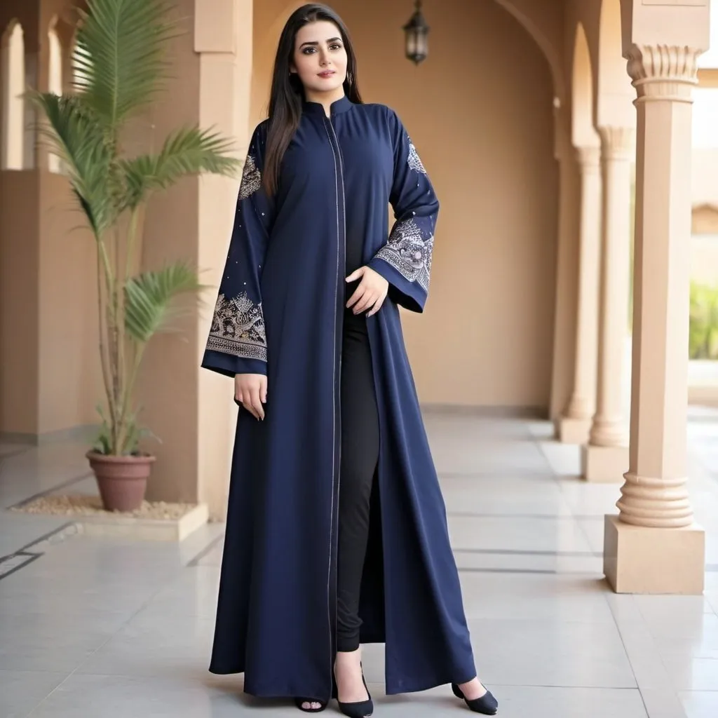 Prompt: feet length open abaya in jorgett material with little very less zardosi handwork on sleeves and make it in navy blue colour each with different patterns and designs
