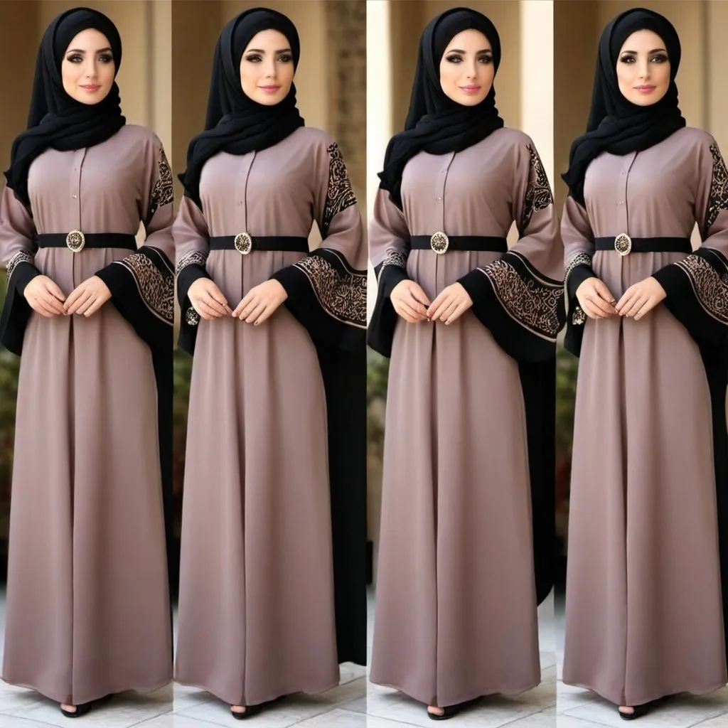 Prompt: abaya simple and elegant  and looks expensive give me 2 to 3 different designs in different colours add simple hand work on sleeves and choose neutral colours make the material gorjett and the colour should be brown 

