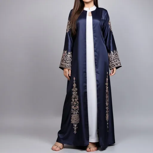 Prompt: feet length open abaya in satin material with little very less zardosi handwork on sleeves and make it in navy blue colour each with different patterns and designs
