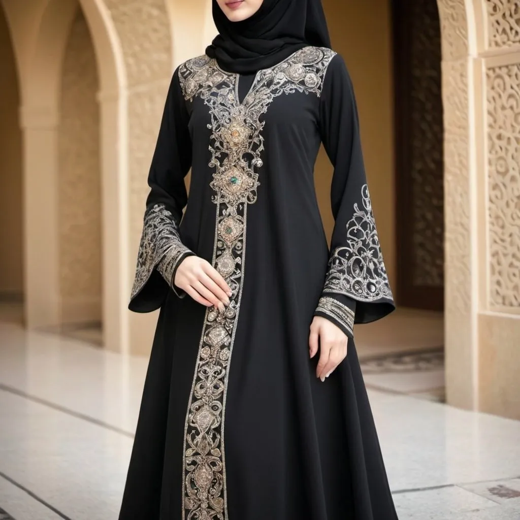 Prompt: sleeves stone work designs on abaya zoom in the patterns to see it clearley
