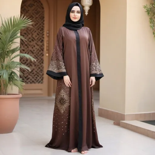 Prompt: feet length open abaya in silk material with little very less stone and pearls handwork on sleeves and make it in brown colour each with different patterns and designs
