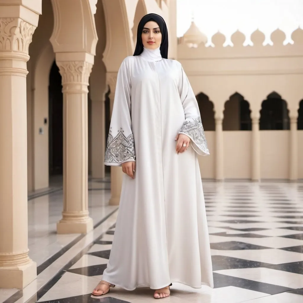 Prompt: feet length open abaya in silk material with little very less stone and pearls handwork on sleeves and make it in white colour each with different patterns and designs
