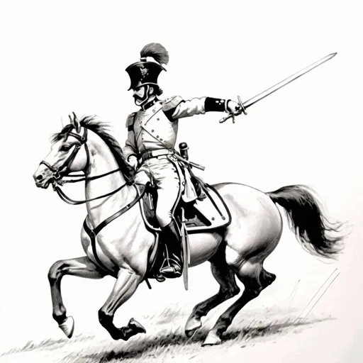 Prompt: Simple fine line pencil sketch of a single light cavalry, white background, sword, aggressive stance, British, charge of the light brigade