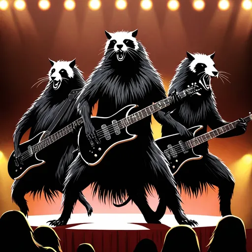 Prompt: Black metal band of animals playing fiercely on the stage