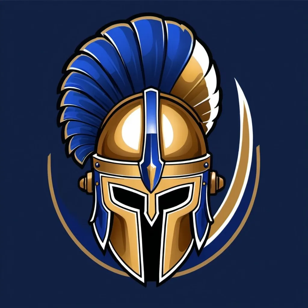 Prompt:  need a logo for a football team named 'Whisk Warlord 11'. the business is a bakery whos buying a team, it should be enclosed in a round copper shiled. two spears on each side. a helmet of a spartan inside it the coulour scheme should royal blue and gold. make it simple 