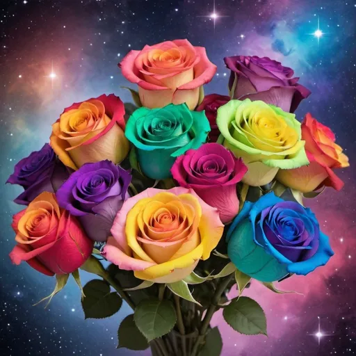 Prompt: a beautiful bouquet of rainbow roses in a outer space  background