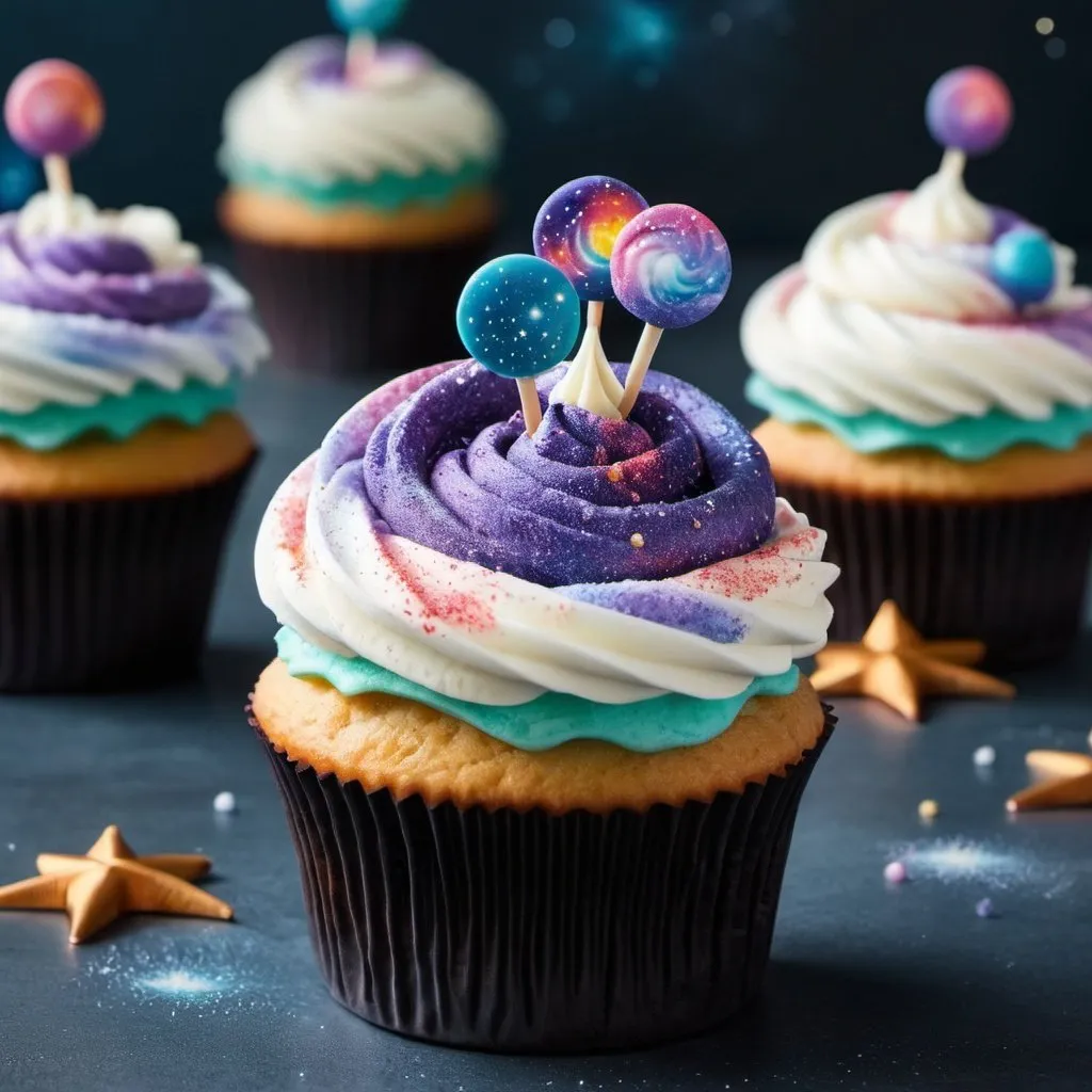 Prompt: a herd of flying cupcakes with  frosting that looks like a galaxy
