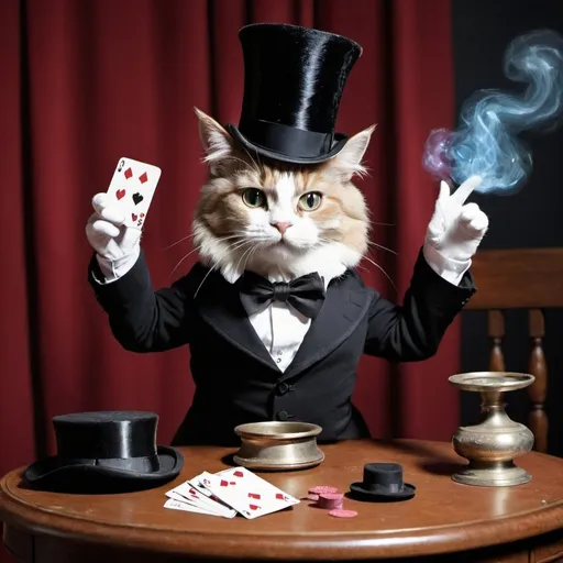 Prompt: e.g a cat sitting on a table with a top hat doing magic tricks