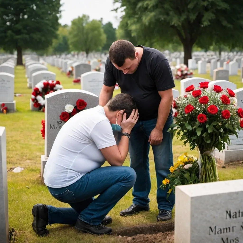 Prompt: a man in tears over his mothers grave
with his wife supporting him but not sad