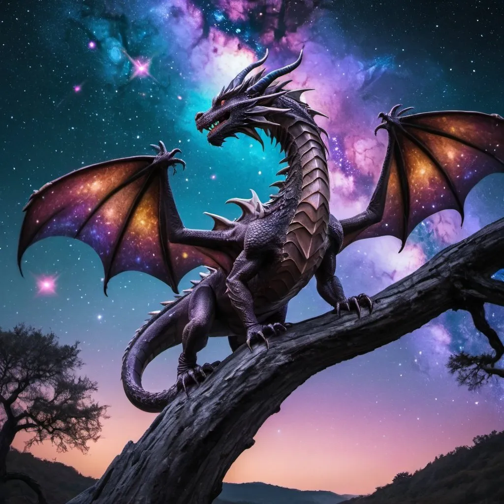 Prompt: a dragon sitting on a tree with a galaxy background