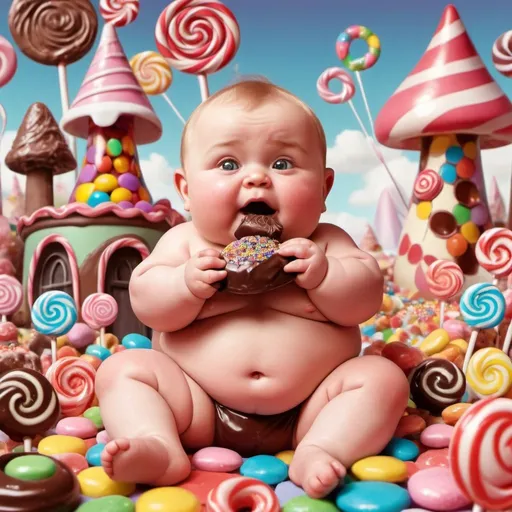 Prompt: a fat, chunky baby eating chocolate and candy in a magical candy land. WITH DAIPER
