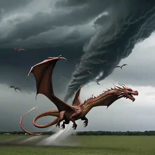 Prompt: 100 dragons flying from a tornado