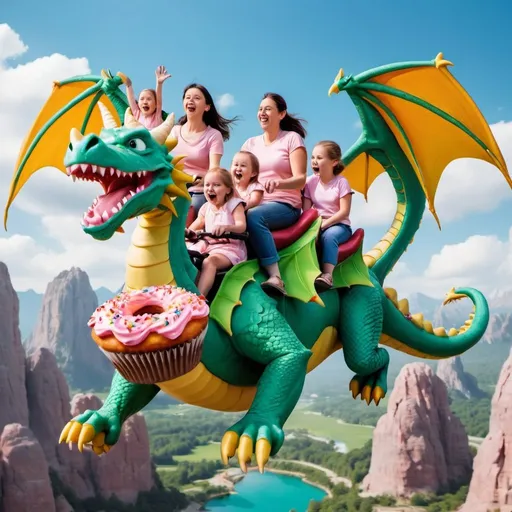 Prompt: a picture of a family of five riding on a dragon  with flying cupcakes and donuts around them