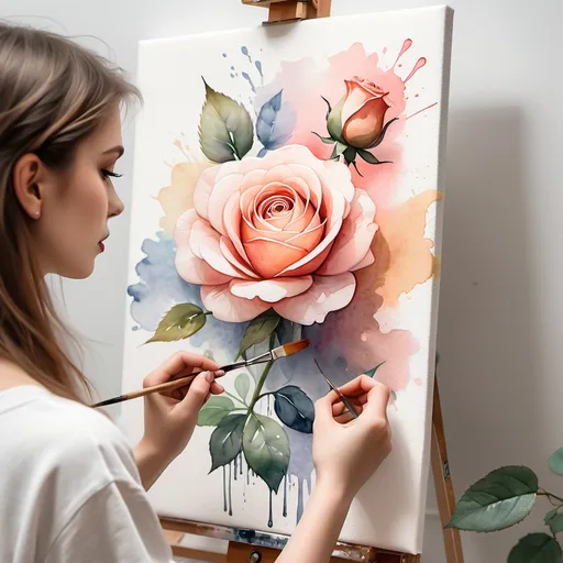 Prompt: a watercolor style girl painting a watercolor rose on a canvas