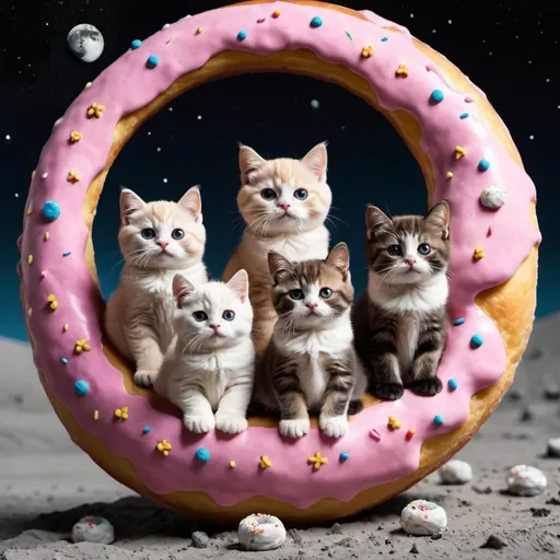 Prompt: a litter of donut cats sitting on the moon
