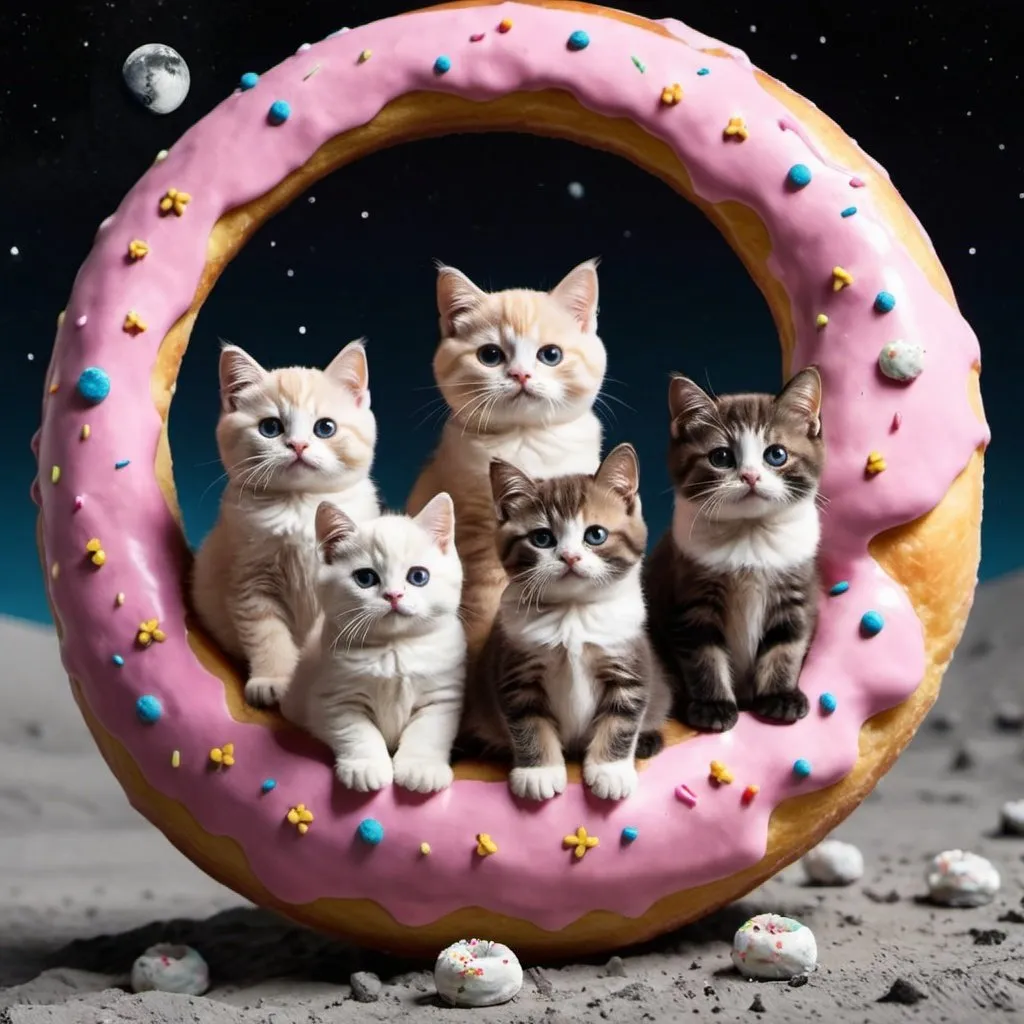 Prompt: a litter of donut cats sitting on the moon