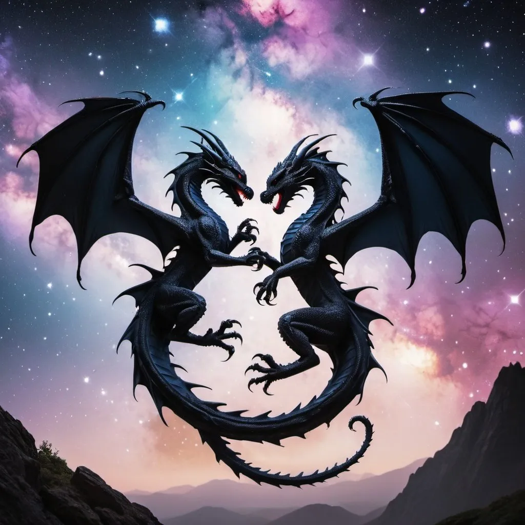 Prompt: a sihlouette of two black dragons mid-air tails entwined, kissing with a beutiful galaxy background