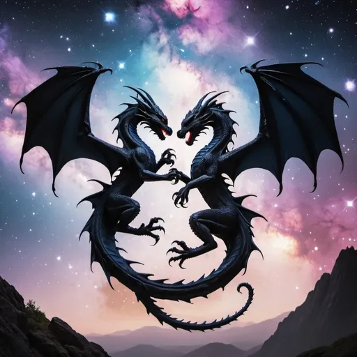 Prompt: a sihlouette of two black dragons mid-air tails entwined, kissing with a beutiful galaxy background