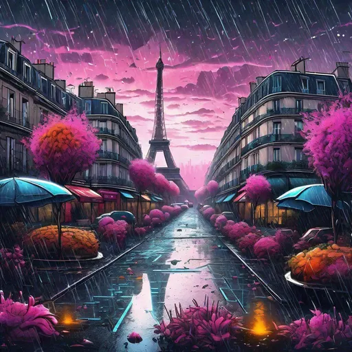 Prompt: Digital art of paris on other planet, exotic plants, beautiful, atmosphere, futurism, dark future, vibe, rain, wet, melting, dripping, snow, ice, forest, flowers, concept art illustration, acid color, 4k, tone mapping, particles, sharp, many details, high contrast, high quality, realistic Graffiti, splatter painting of city-life, magenta and orange gradient background, small black dots