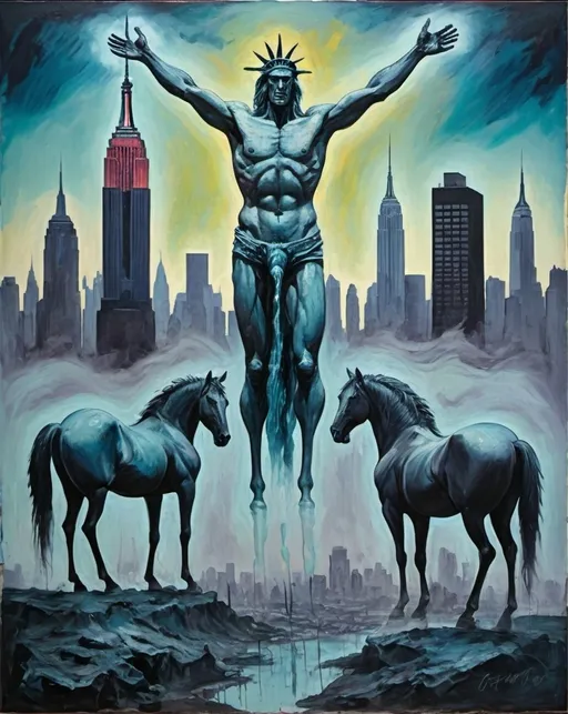 Prompt: A expressionist painting with cold colors depicting the raise of a new god by a dirty business man. The background is New York city melted with a primitive landscape with the four horsemen in the sky