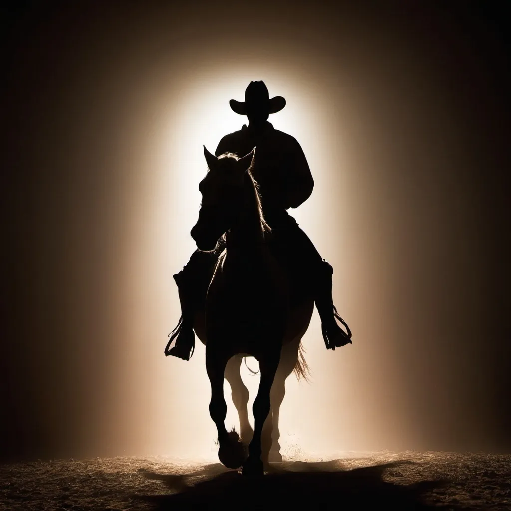 Prompt: Backlit photo of a man on horse. Silhouette, dramatic, artistic, shadowy