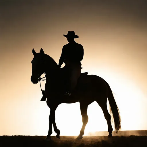 Prompt: Backlit photo of a man on horse. Silhouette, dramatic, artistic, shadowy