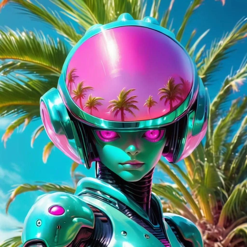 Prompt: a close up of a slimy alien creature wearing futuristic visors a palm tree, shiny cyberpunk colors, retrofuturism, 1980s sci-fi, game cover art, character, 4k