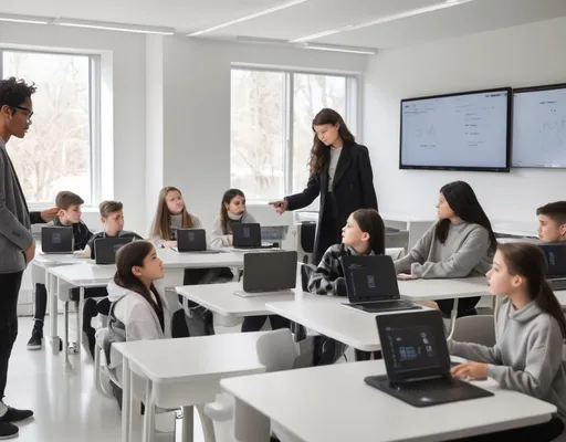 Prompt: In a modern classroom bathed in bright, natural light from large windows, a group of students is seated at sleek white desks, each equipped with a touchscreen computer. The students, dressed in dark attire, are focused on the screens, engaging with their lessons as a teacher stands at the front, guiding the class. Another educator is positioned near a digital whiteboard, illustrating concepts with colorful diagrams, enhancing the collaborative atmosphere. The minimalist design and clean lines of the furniture contribute to a sense of order and innovation, reflecting a forward-thinking approach to education in this high-tech learning environment. 
Please also add some plants