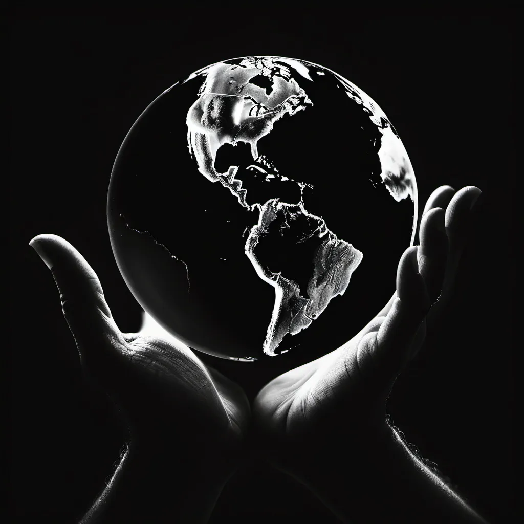 Prompt: world in black hand in dark