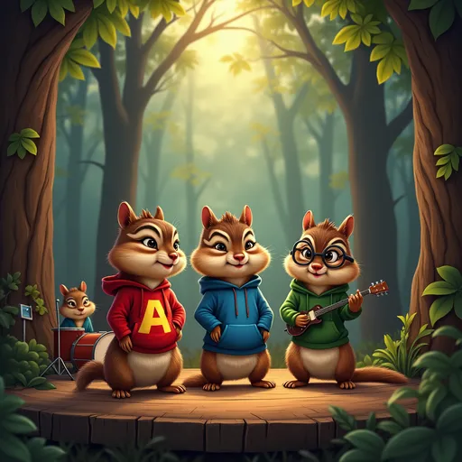 Prompt: 
> “A highly detailed digital painting of three realistic chipmunks performing on a small wooden stage in a forest concert setting. The chipmunks are dressed in colorful hoodies: one red with a yellow ‘A’ (Alvin), one blue with glasses (Simon), and one green (Theodore). Stage lights shine through the trees, creating a warm and magical atmosphere. Musical instruments like a drum set and guitar are on stage. An audience of woodland animals is watching the performance.” Pictures should be in realistic, full hd, 8k
 
