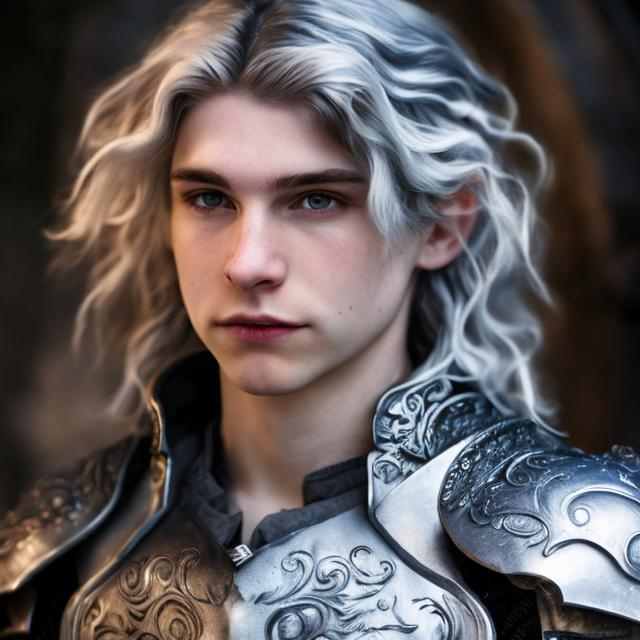 Prompt: A pale young man with long wavy silver hair. As well as silver swirly markings on his face. he is wearing armor. He has straight bangs
