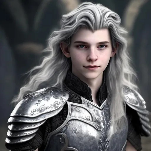 Prompt: A pale young man with long wavy silver hair. As well as silver swirly markings on his face. he is wearing armor