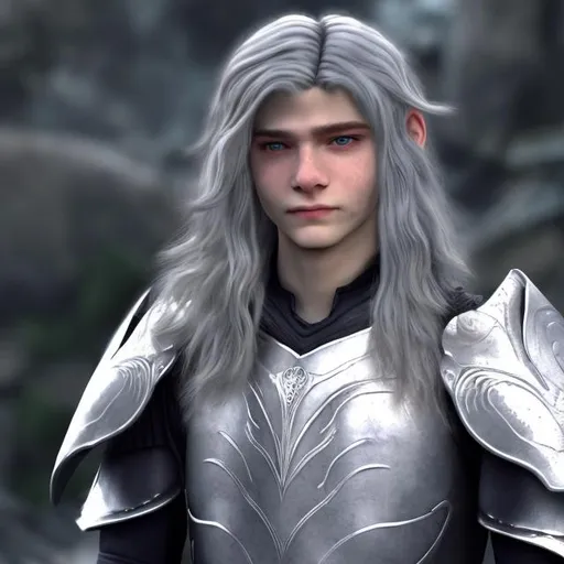 Prompt: A pale young man with long wavy silver hair. As well as silver swirly markings on his face. he is wearing armor. He has straight bangs
