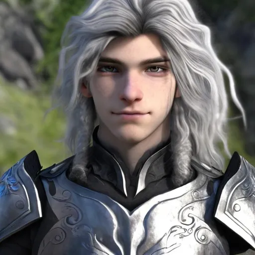 Prompt: A pale young man with long wavy silver hair. As well as silver swirly markings on his face. he is wearing armor. He has straight bangs
