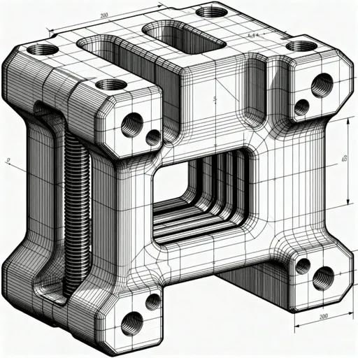 Prompt: A CAD drawing of a complex machine part.