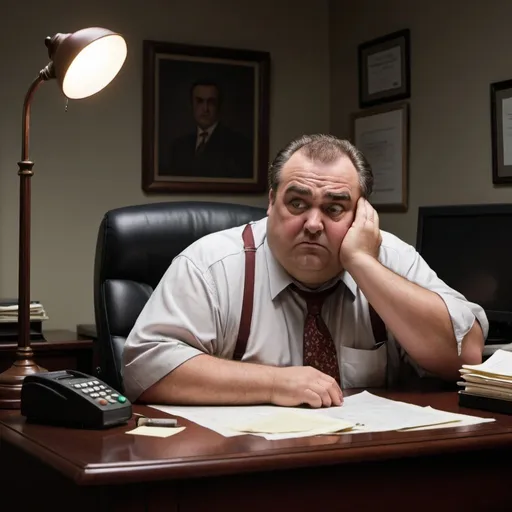 Prompt: A coloured image of a tired, plump, middle-aged office worker with a soft, friendly face leaning his elbows on his cheap, faux-mahogany desk, eyebrows furrowed while examining what seems to be a printout of a chat conversation. His office is dark, everyone else has gone home and his lamp is the only one still on while street lights and car break lights reflect off his office's glass windows late at night. He seems to be afraid of something.