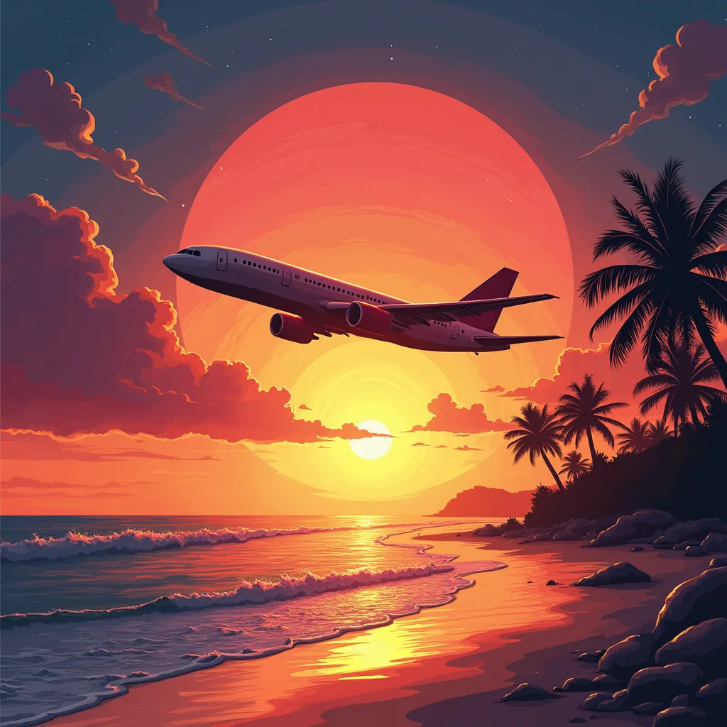 Prompt: Art, create a sunset with a plane flying across it, its on a beach with water and people 
