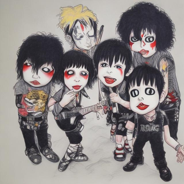 Prompt: Draw kiss rock group as children 
