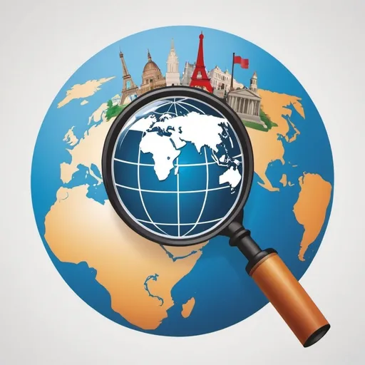 Prompt: Logo Idea: A magnifying glass zooming in on a globe with notable landmarks.