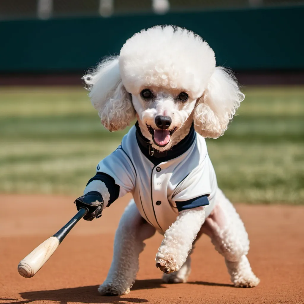 Prompt: white poodle playing baseball